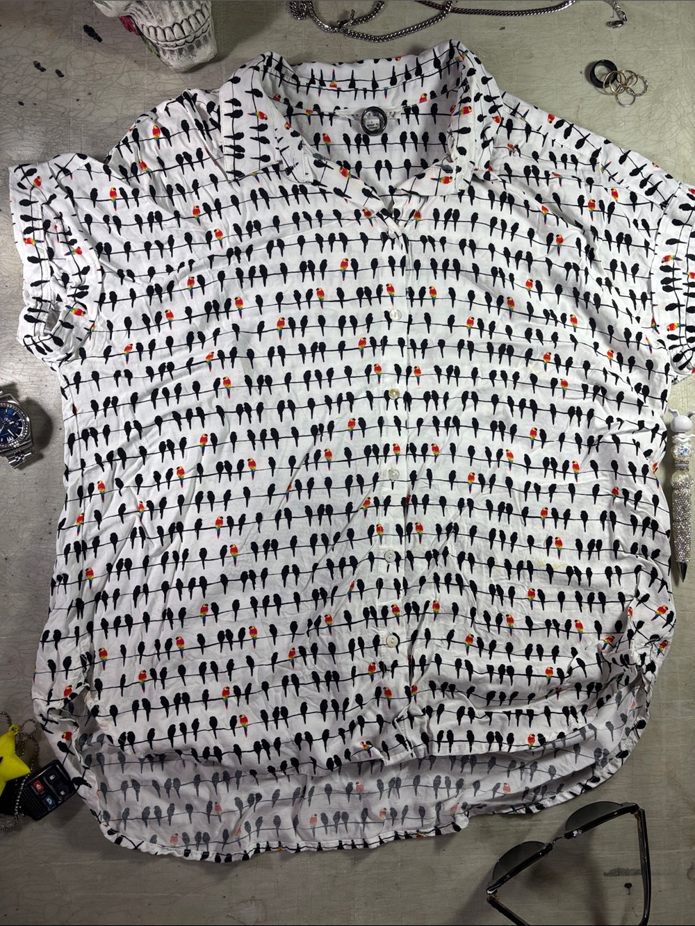 White Button-Up Shirt with Bird Print